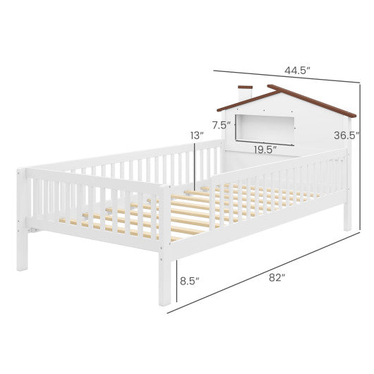 Twin Size Kids Montessori Bed with House-Shaped Headboard and Built-in Storage Shelf-White