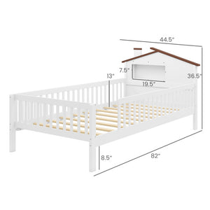 Twin Size Kids Montessori Bed with House-Shaped Headboard and Built-in Storage Shelf-White