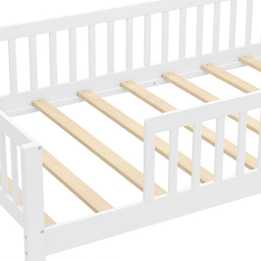 Twin Size Kids Montessori Bed with House-Shaped Headboard and Built-in Storage Shelf-White