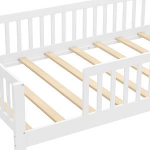 Twin Size Kids Montessori Bed with House-Shaped Headboard and Built-in Storage Shelf-White