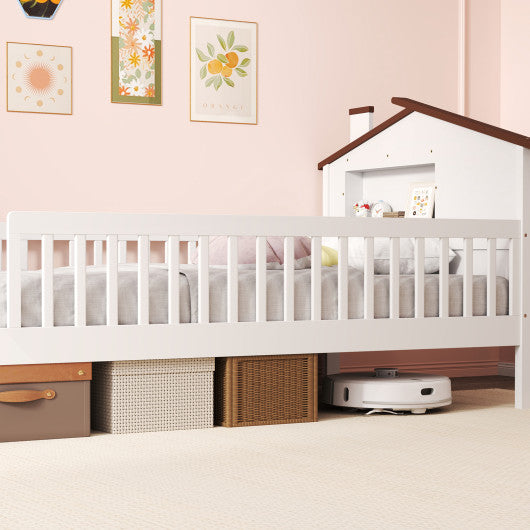 Twin Size Kids Montessori Bed with House-Shaped Headboard and Built-in Storage Shelf-White