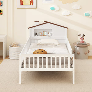 Twin Size Kids Montessori Bed with House-Shaped Headboard and Built-in Storage Shelf-White