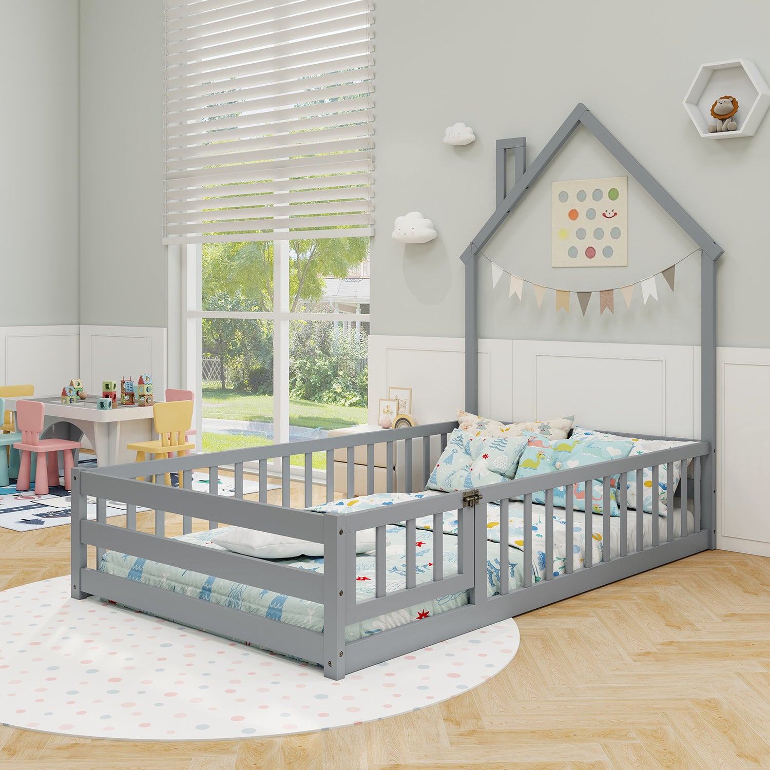 Twin Size Montessori Floor Bed with Lockable Door and Full-Length Guardrail-Gray