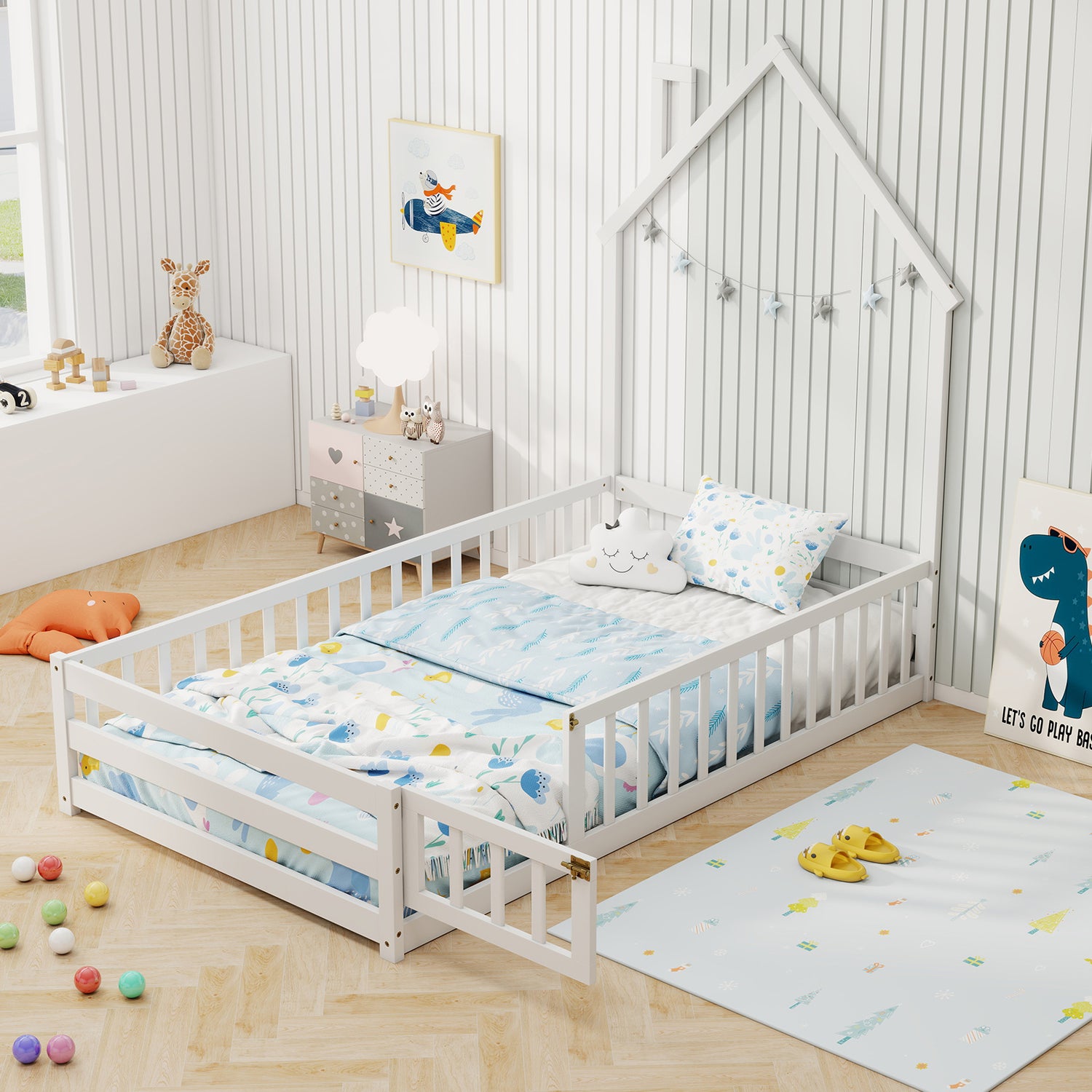 Twin Size Montessori Floor Bed with Lockable Door and Full-Length Guardrail-White