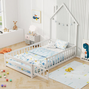 Twin Size Montessori Floor Bed with Lockable Door and Full-Length Guardrail-White