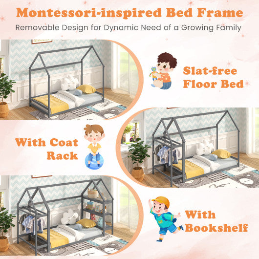 Twin Size Montessori Floor House Bed with Detachable Storage Shelves-Grey