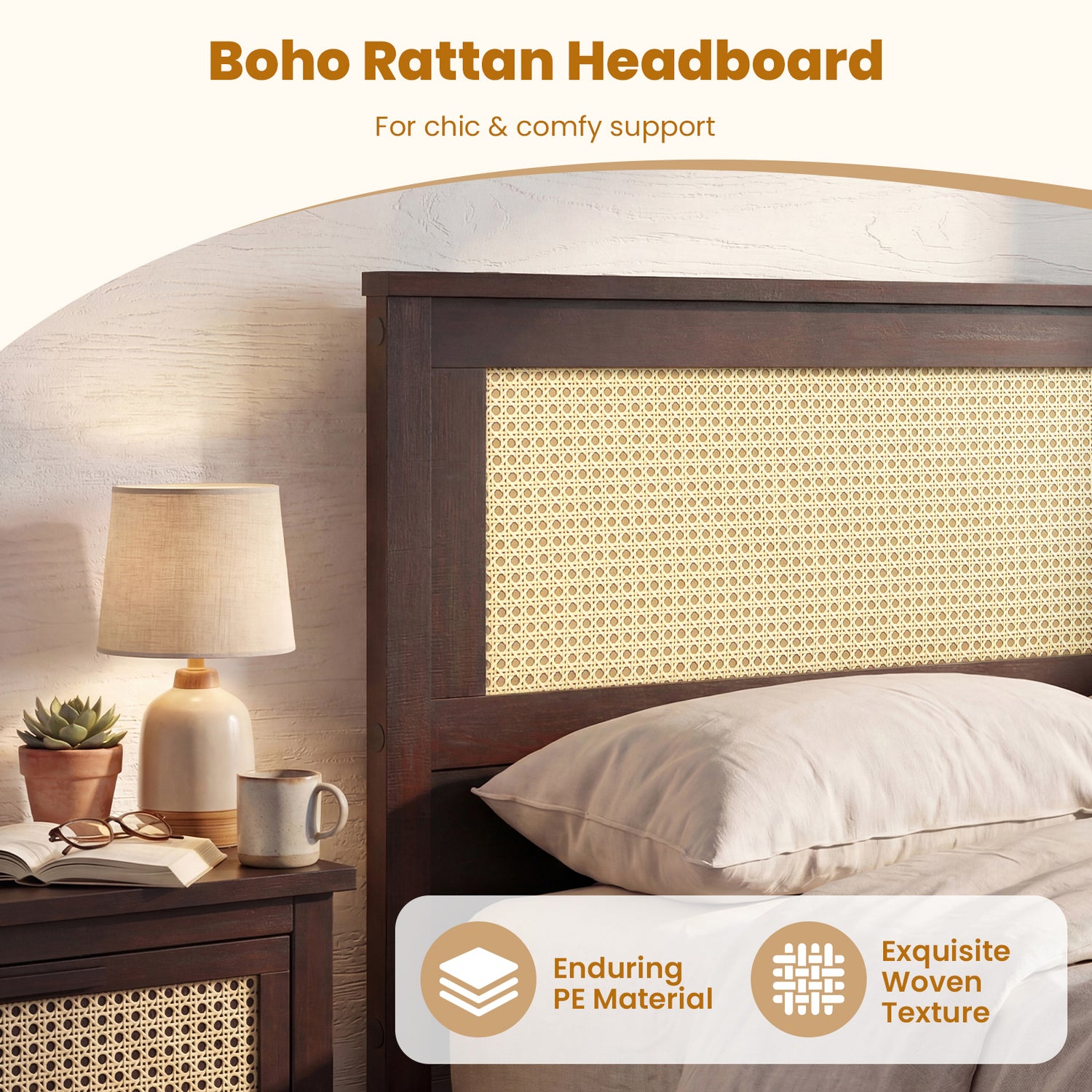 Twin Size Rattan Bed Frame with Storage Drawers-Coffee