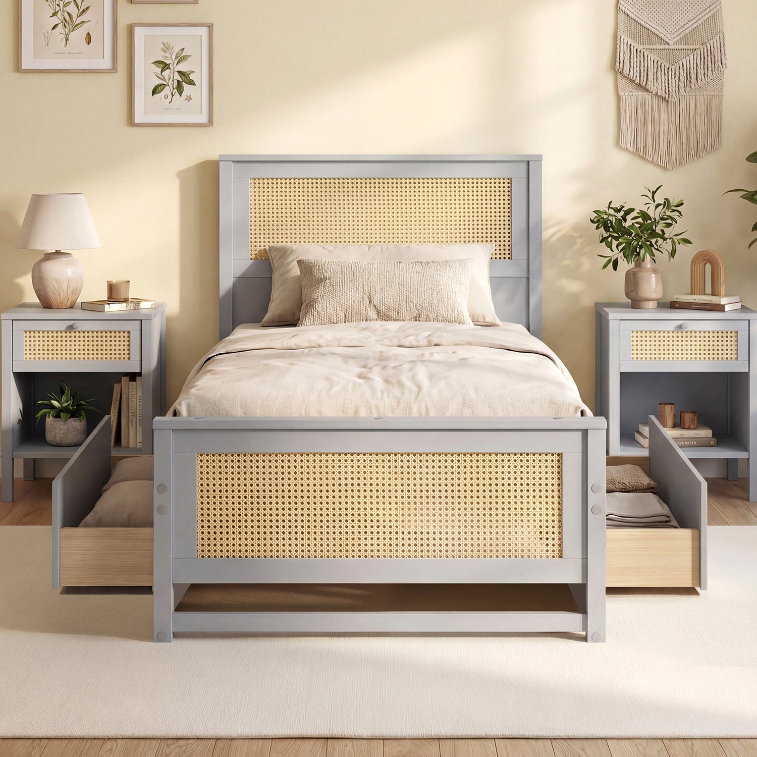 Twin Size Rattan Bed Frame with Storage Drawers-Gray