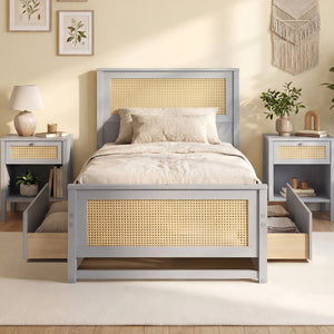 Twin Size Rattan Bed Frame with Storage Drawers-Gray