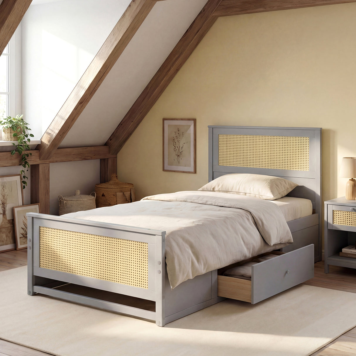 Twin Size Rattan Bed Frame with Storage Drawers-Gray