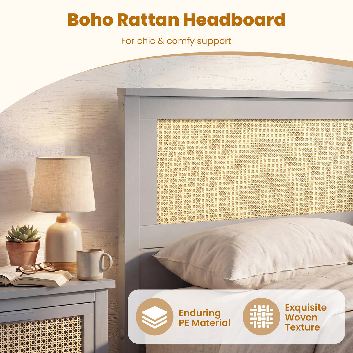 Twin Size Rattan Bed Frame with Storage Drawers-Gray
