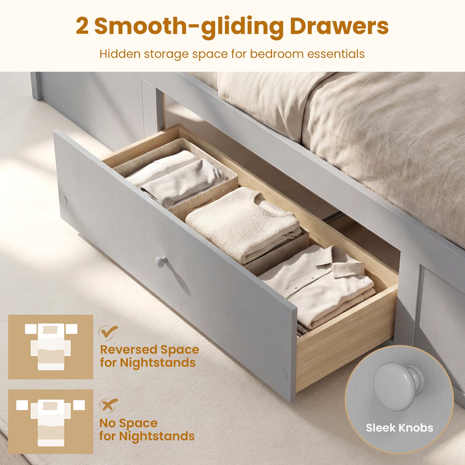 Twin Size Rattan Bed Frame with Storage Drawers-Gray