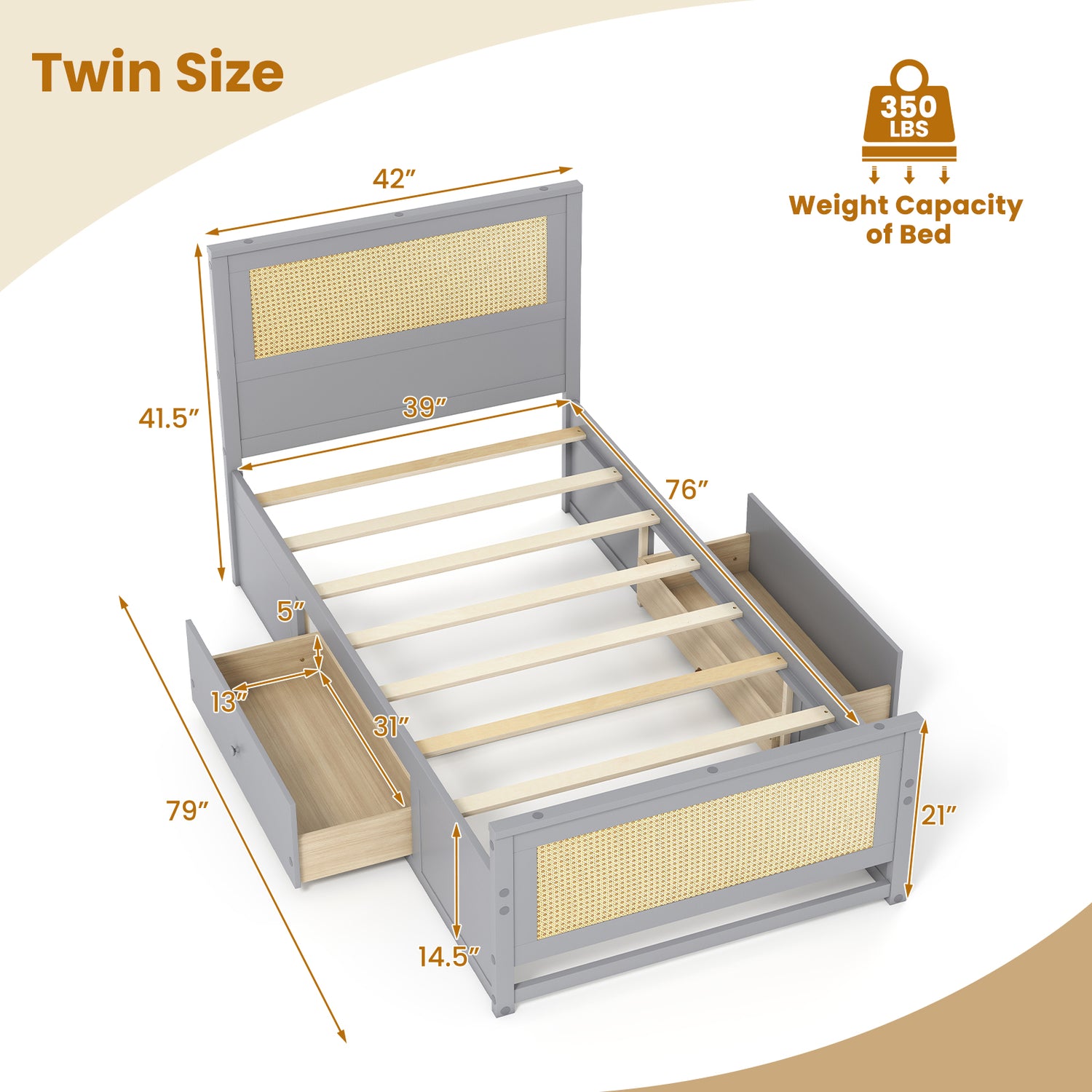 Twin Size Rattan Bed Frame with Storage Drawers-Gray