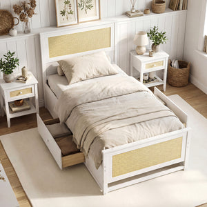 Twin Size Rattan Bed Frame with Storage Drawers-White
