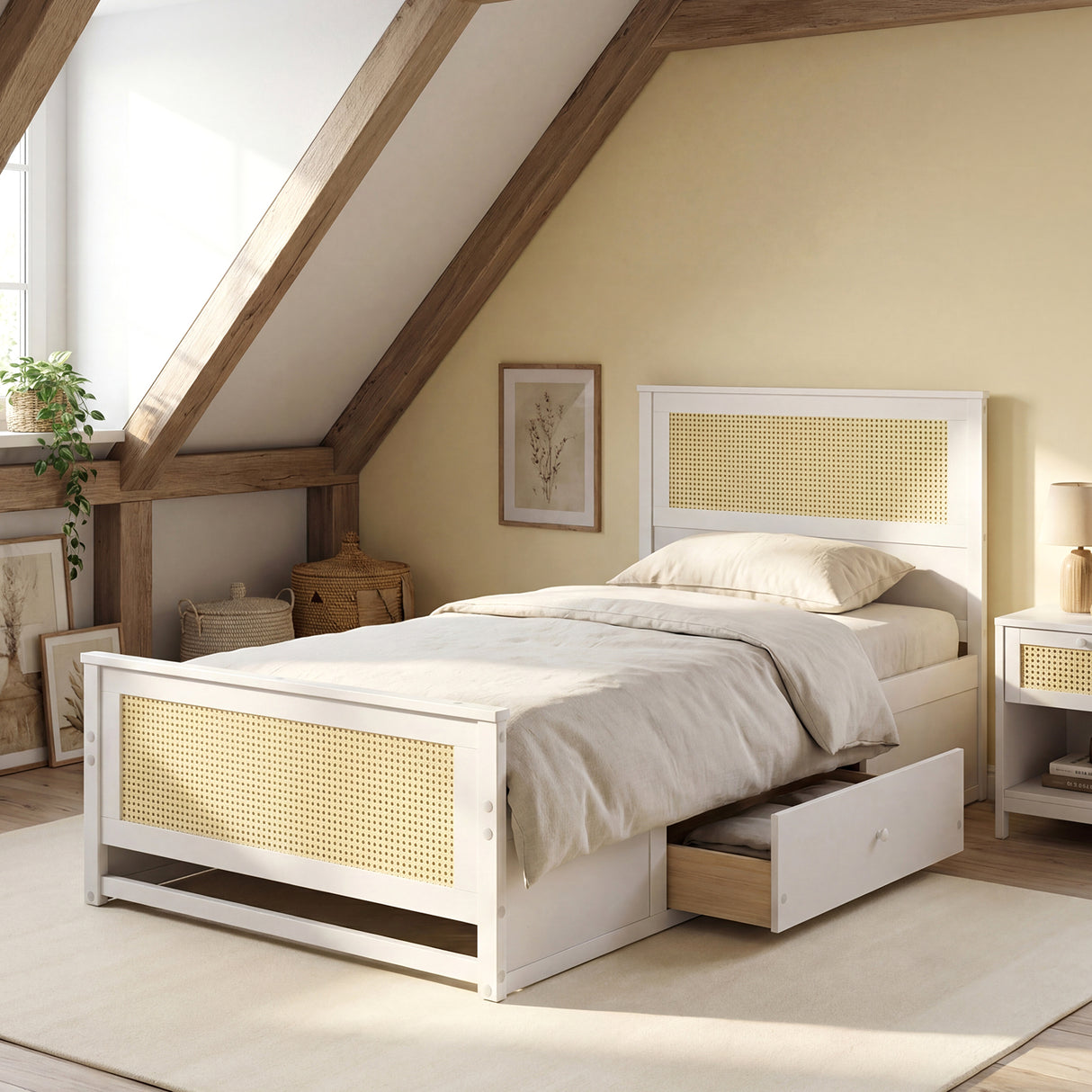 Twin Size Rattan Bed Frame with Storage Drawers-White