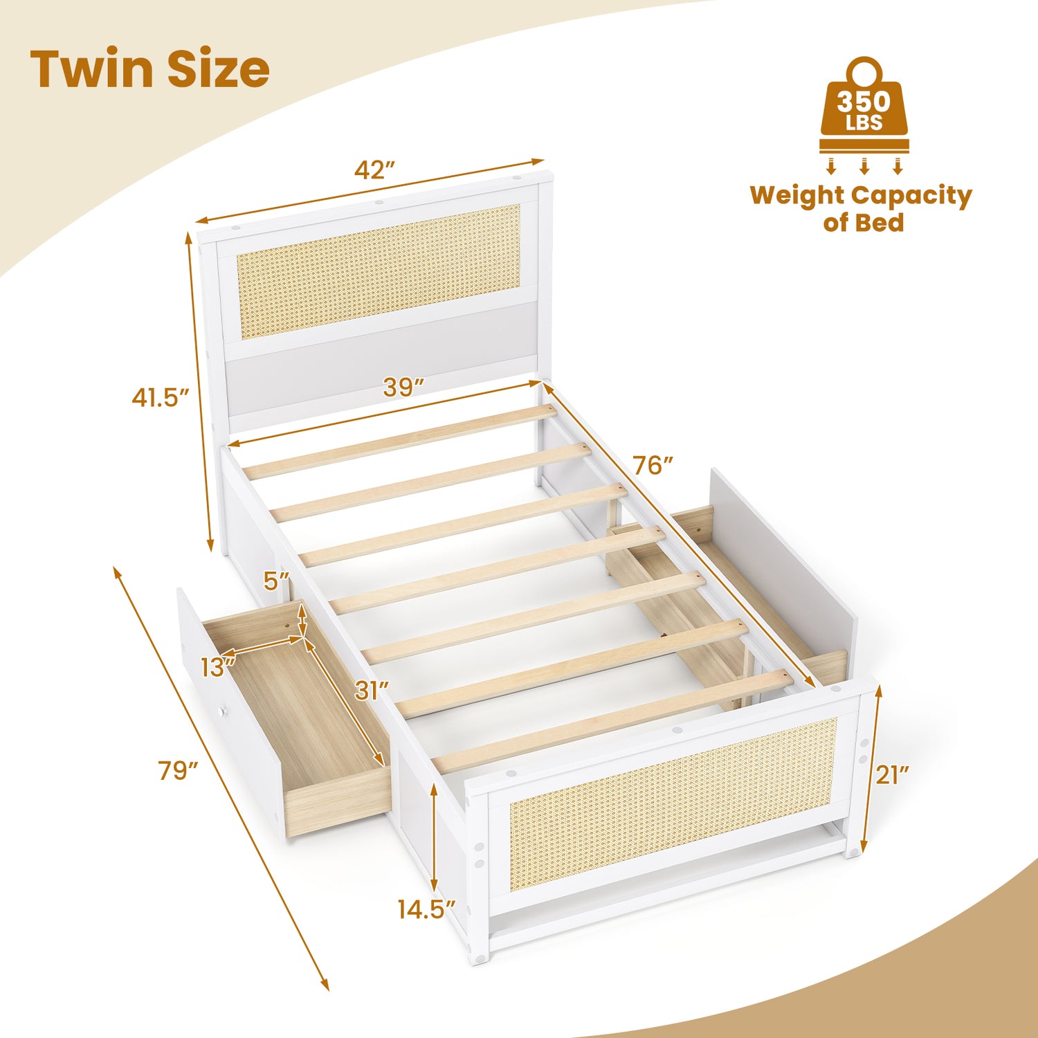 Twin Size Rattan Bed Frame with Storage Drawers-White