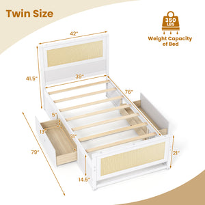 Twin Size Rattan Bed Frame with Storage Drawers-White