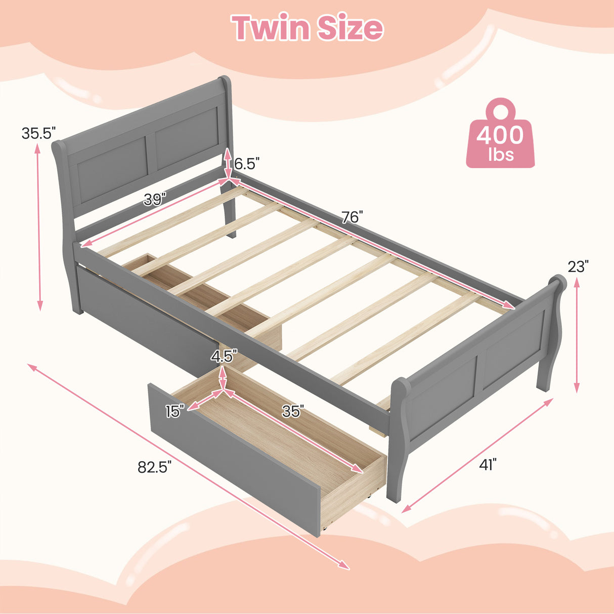 Twin Size Sleigh Bed with 2 Storage Drawers Wood Platform Bed Frame-Gray