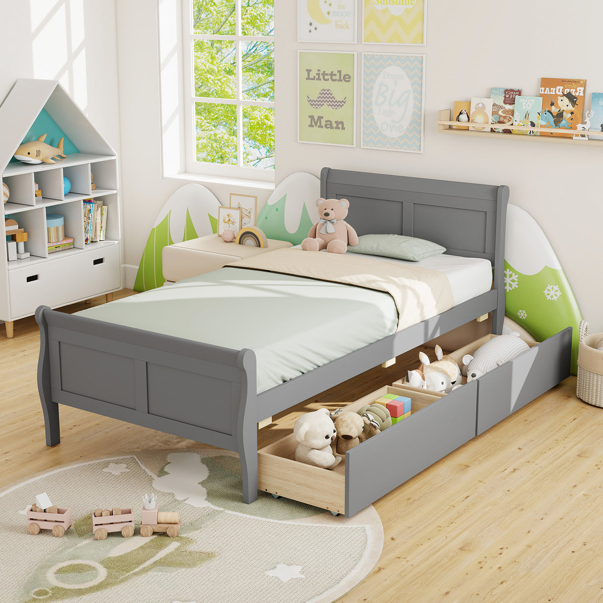 Twin Size Sleigh Bed with 2 Storage Drawers Wood Platform Bed Frame-Gray