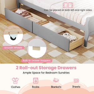 Twin Size Sleigh Bed with 2 Storage Drawers Wood Platform Bed Frame-Gray