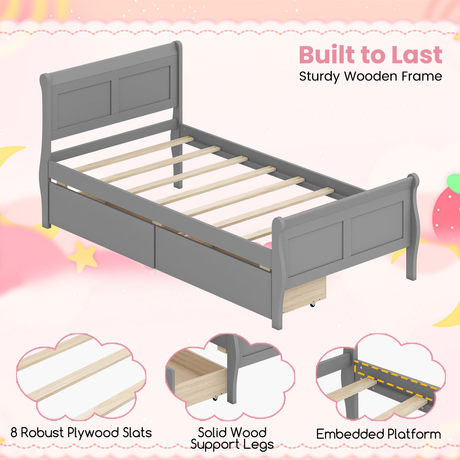 Twin Size Sleigh Bed with 2 Storage Drawers Wood Platform Bed Frame-Gray