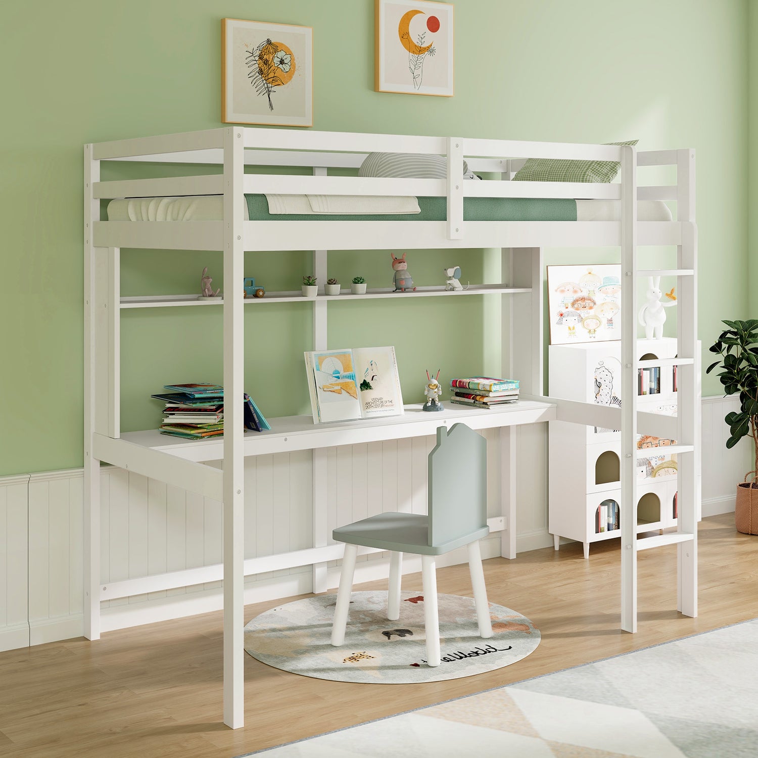 Twin Size Solid Wood Slatted Loft Bed Frame with Safety Guardrail for Kid-White