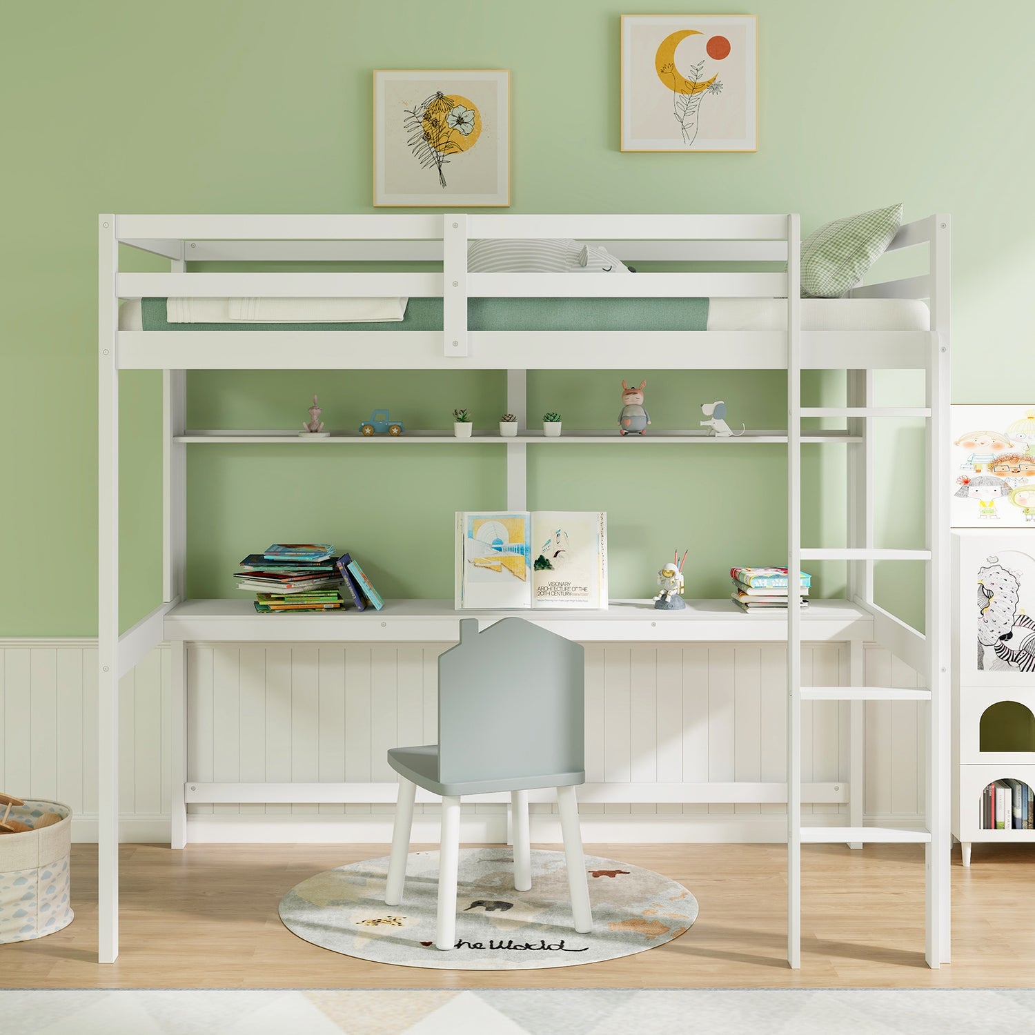 Twin Size Solid Wood Slatted Loft Bed Frame with Safety Guardrail for Kid-White