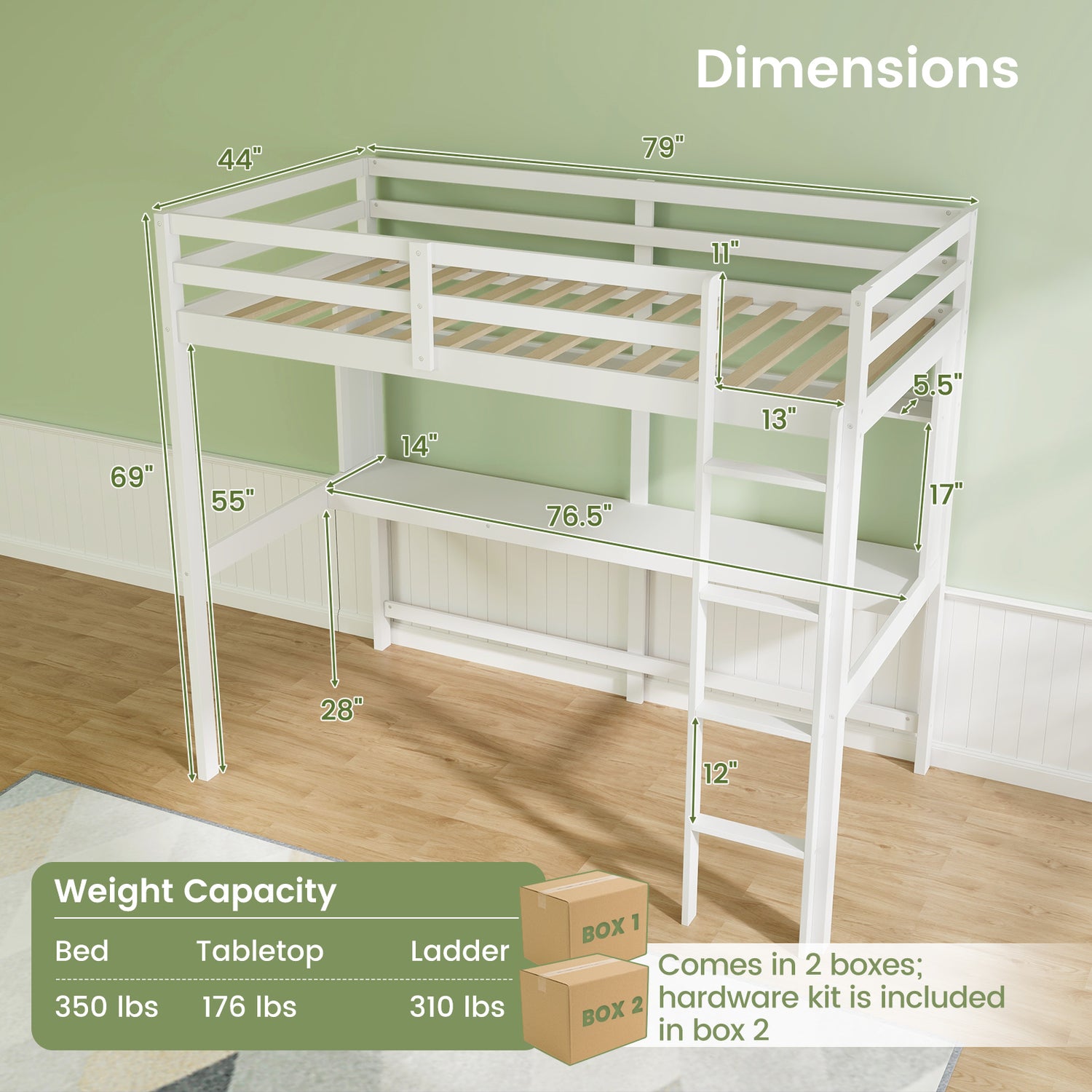 Twin Size Solid Wood Slatted Loft Bed Frame with Safety Guardrail for Kid-White