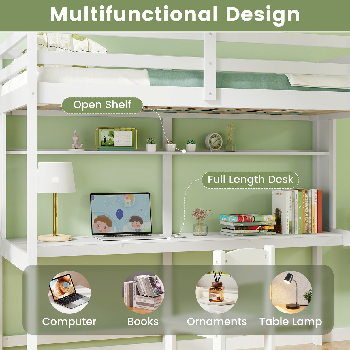 Twin Size Solid Wood Slatted Loft Bed Frame with Safety Guardrail for Kid-White