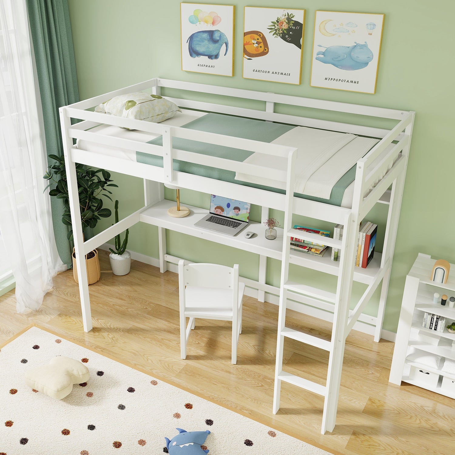 Twin Size Solid Wood Slatted Loft Bed Frame with Safety Guardrail for Kid-White