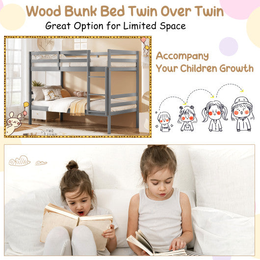 Twin Size Sturdy Wooden Bunk Beds with Ladder and Safety Rail-Gray