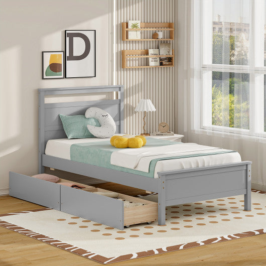Twin Size Wooden Bed Frame with 2 Drawers for Teens and Adults-Gray