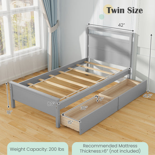 Twin Size Wooden Bed Frame with 2 Drawers for Teens and Adults-Gray
