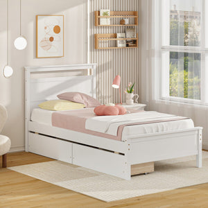 Twin Size Wooden Bed Frame with 2 Drawers for Teens and Adults-White