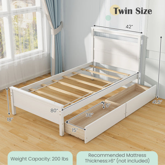 Twin Size Wooden Bed Frame with 2 Drawers for Teens and Adults-White