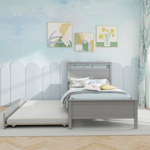 Twin Size Wooden Bed Frame with Trundle for Teens and Adults-Gray