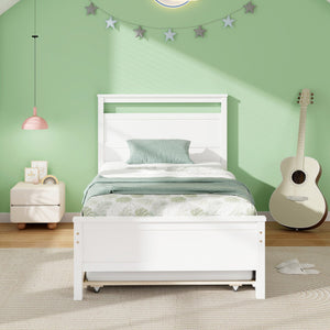 Twin Size Wooden Bed Frame with Trundle for Teens and Adults-White