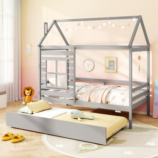 Twin Size Wooden Platform House Bed with Trundle and Roof-Grey
