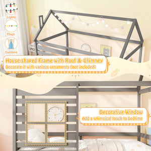 Twin Size Wooden Platform House Bed with Trundle and Roof-Grey
