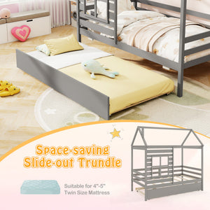 Twin Size Wooden Platform House Bed with Trundle and Roof-Grey