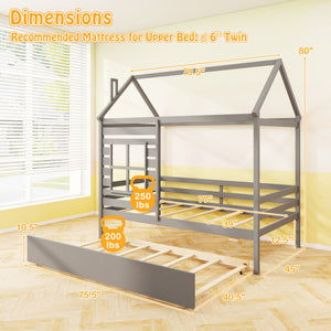 Twin Size Wooden Platform House Bed with Trundle and Roof-Grey