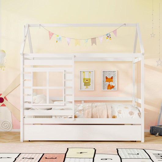 Twin Size Wooden Platform House Bed with Trundle and Roof-White