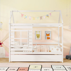 Twin Size Wooden Platform House Bed with Trundle and Roof-White