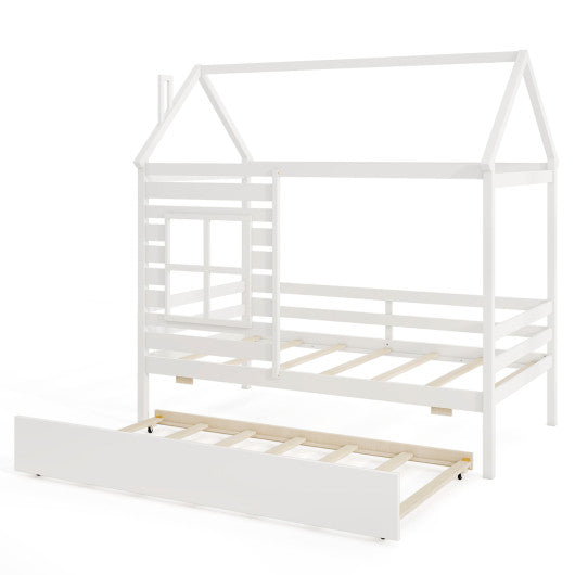 Twin Size Wooden Platform House Bed with Trundle and Roof-White