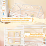 Twin Size Wooden Platform House Bed with Trundle and Roof-White