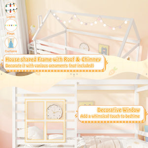 Twin Size Wooden Platform House Bed with Trundle and Roof-White