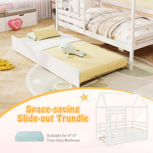 Twin Size Wooden Platform House Bed with Trundle and Roof-White