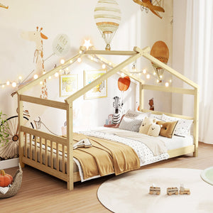 Twin Size Wooden House Bed with Roof-Natural