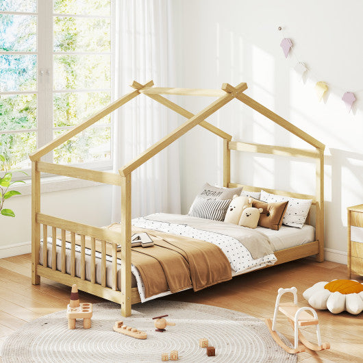 Twin Size Wooden House Bed with Roof-Natural