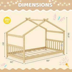 Twin Size Wooden House Bed with Roof-Natural